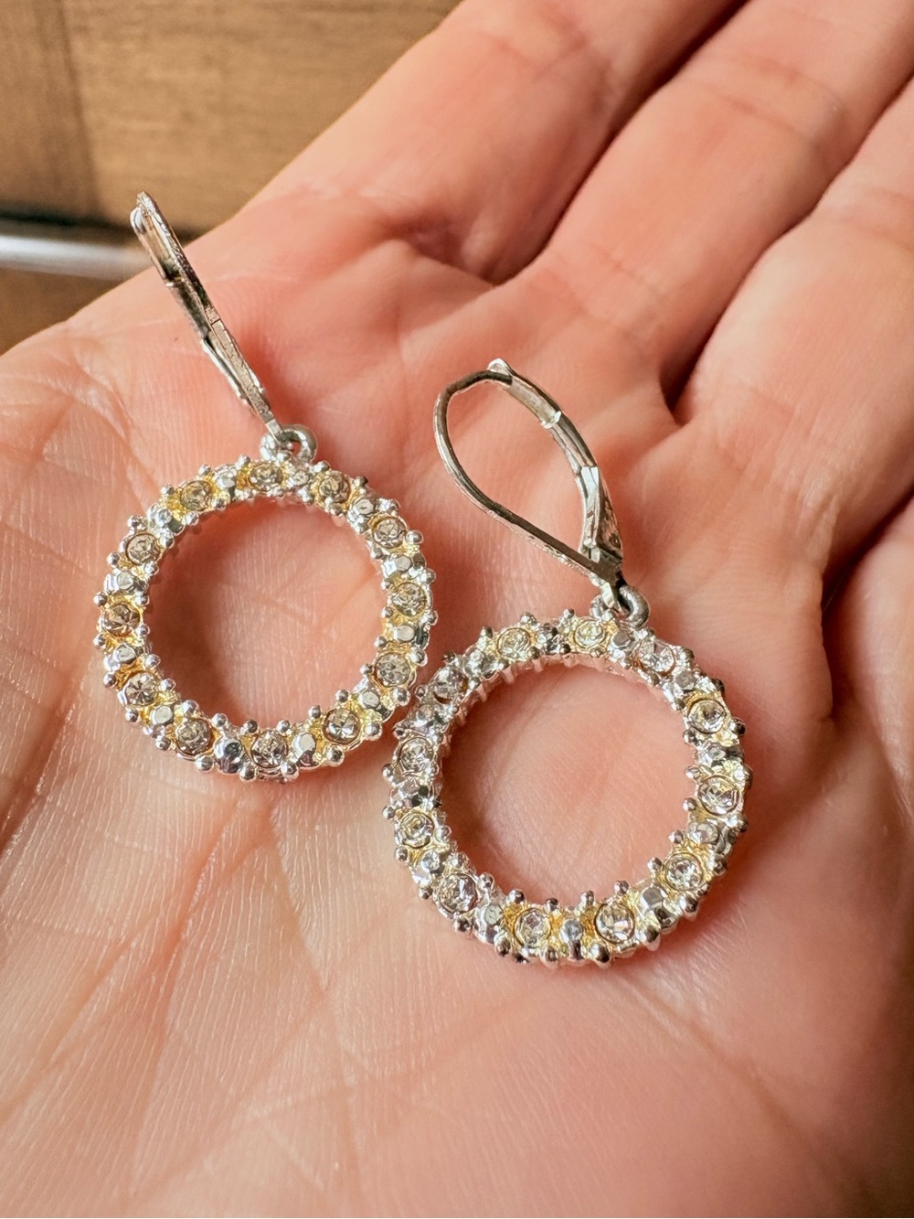Vintage Avon Silver Tone Rhinestone Circle Leverback Earrings